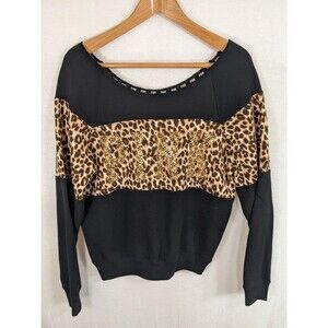 Victoria's Secret PINK Sweatshirt Black Leopard Print Gold Studded Logo Sz XS